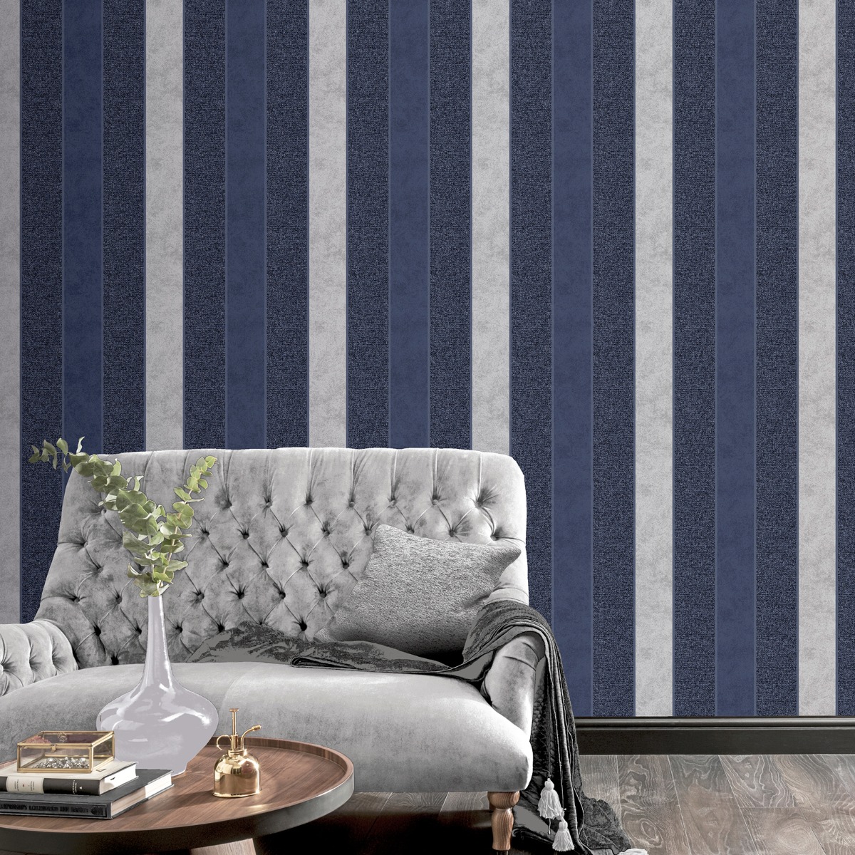 Calico Stripe Texture Wallpaper Navy Arthouse 921302