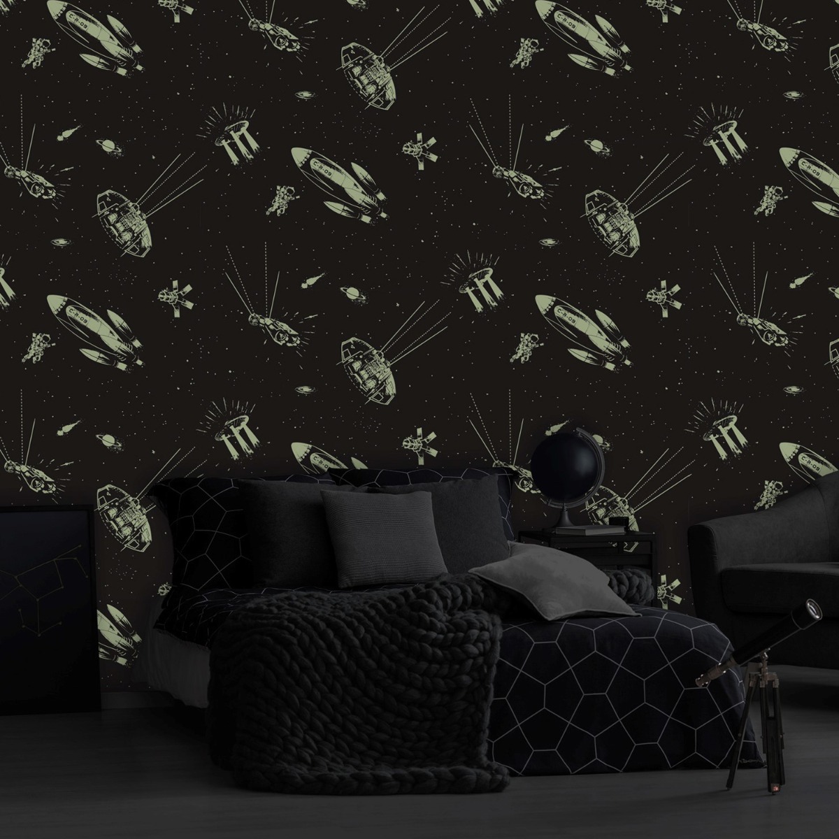 Outer Space Glow in the Dark Wallpaper Blue Belgravia 8800