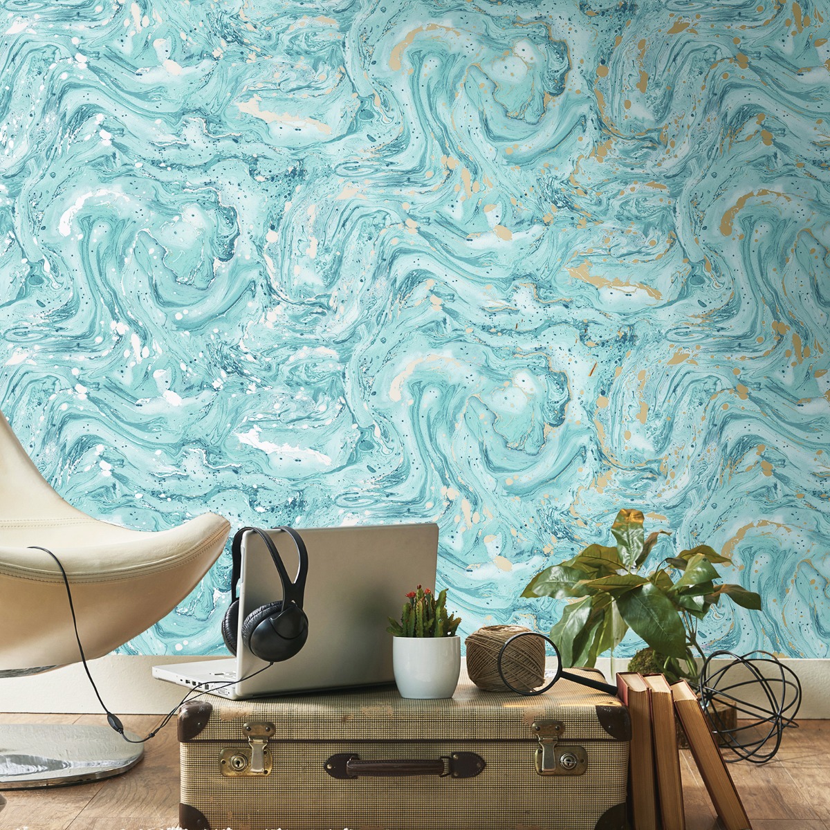 Mineral Azurite Wallpaper Teal/Gold