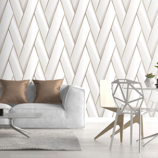 Indoor White And Golden PVC Geometric Wallpaper Sheet