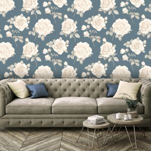 Rosa Floral Wallpaper Navy / Cream Belgravia 9764