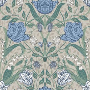 Apelviken Tulip Wallpaper White Green Blue Galerie 33008