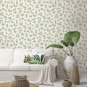 Evergreen Fossil Leaf Toss Wallpaper Green Galerie 7305