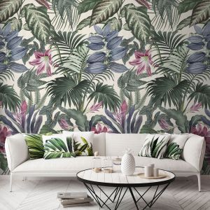 Jungle Leaves and Flowers Wallpaper Green and Pink Mural Grandeco A46201