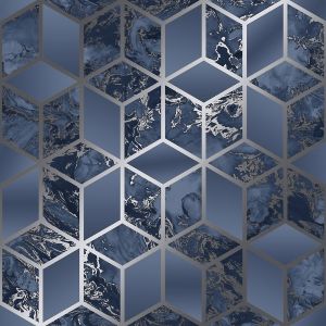 Elixir Cube Marble Wallpaper Navy / Silver Muriva 166512