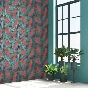 Eden Wallpaper Collection Ilana Leaf Claret & Teal Muriva J98210