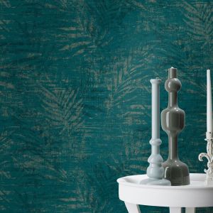 Rasch Poetry II Distressed Palm Wallpaper Teal Gold 546637