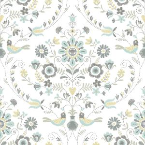 Britt Woodland Damask Vinyl Wallpaper Ochre / Turquoise Fine Decor FD26510