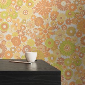 39535-5 Retro Daisy Cluster Motif Wallpaper Mustard / Green AS Creation