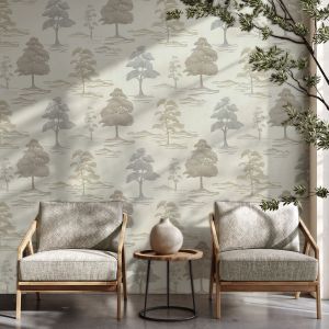 Carlotta Tree Metallic Vinyl Wallpaper Natural / Cream / Brown Belgravia 9035