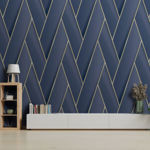 Armando Herringbone Geometric Wallpaper Beige Navy / Gold