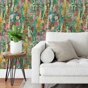 Flowers Textured Vinyl Wallpaper Green / Pink Grandeco A76401