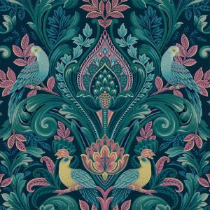 Peacock Damask Textured Vinyl Wallpaper Navy / Pink Grandeco A67801