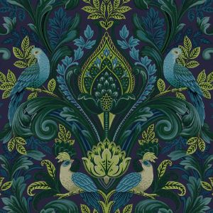 Peacock Damask Textured Vinyl Wallpaper Blue / Green Grandeco A67802