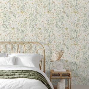 Floral Watercolour Grandeco Summer Meadow Wallpaper Sage/Cream A76701
