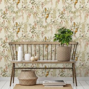 Bird Cream / Red Blackberry Floral Trail Wallpaper Grandeco A79301
