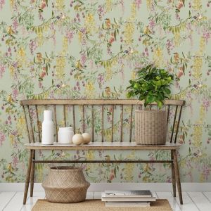 Blackberry Floral Trail Wallpaper Green and Pink Grandeco A79302