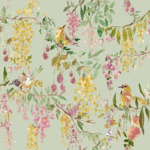 Bird Blackberry Floral Trail Wallpaper Green / Pink Grandeco A79302
