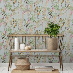 Blackberry Floral Trail Wallpaper Blue and Pink Grandeco A79303