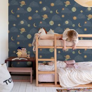 Grandeco LD3515 Maury Planets Textured Vinyl Wallpaper Navy Blue