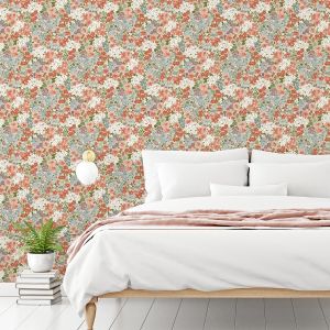 208901 Grandeco Flower Garden Wallpaper Rust / Blue
