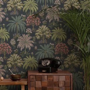 Tropical Palm Trees Wild Florals Wallpaper Dark Blue Holden 14291