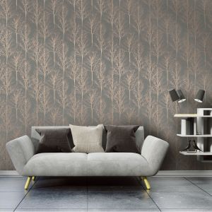 Rhea Zandra Trees Wallpaper Dark Grey / Rose Gold Holden 90761