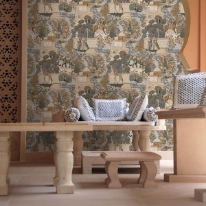Feature Wall Wallpaper Design Blue Orange and Grey