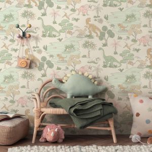 Holden 14013 Dino Zoo Wallpaper Pink / Sage Green