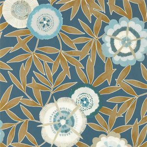 Harlequin Komovi Floral Wallpaper Midnight Blue and Gold 