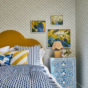 Harlequin X Sophie Robinson Daisy Trellis Wallpaper Blue and Cream