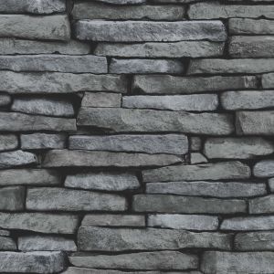 Black and Silver Stone Slate Effect Wallpaper - Fine Decor 