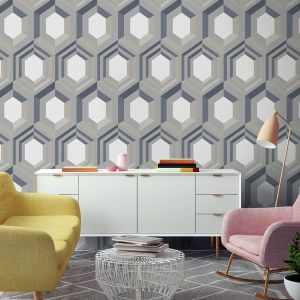 Galactik Wallpaper Hexagon Cream & Blue Muriva J407-08

