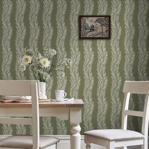 Laura Ashley Stripe Effect Leaves Wallpaper Olive Green 140321