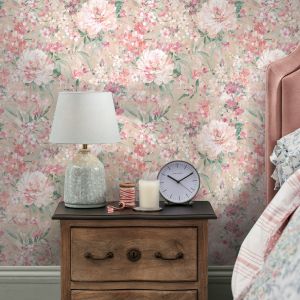 Laura Ashley Floral Mayville Wallpaper Plaster Pink 140329