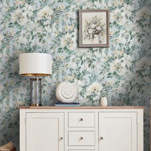 143331 Laura Ashley Elowen Peony Wallpaper Pale Teal 