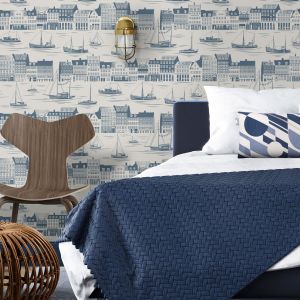 Travelogue Collection Postcard to Inger Wallpaper Washed Denim Mini Moderns MMTLG05WD