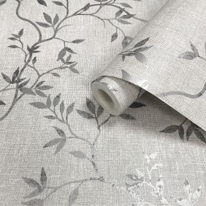Grey Lightly Textured Leaf Trail Wallpaper