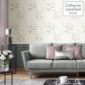 Catherine Lansfield Cream and Pink Canterbury Floral Wallpaper Muriva