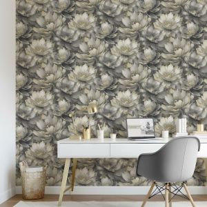 Charcoal / Gold Aminah Floral Wallpaper Muriva 224501