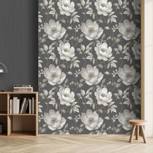 Alethia Metallic Floral Wallpaper Black Muriva 227503