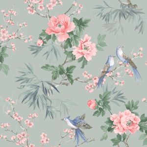Amelie Chinoiserie Bird Wallpaper Sage Green Rasch 260568