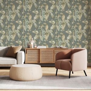 Chalky Blue Boho Palm Leaf Wallpaper Rasch 571462