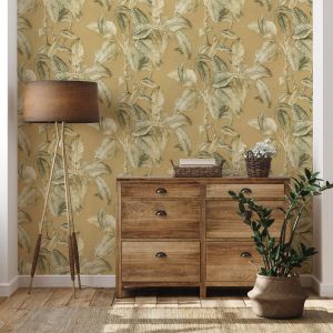 Mustard Boho Palm Leaf Wallpaper Rasch 571479