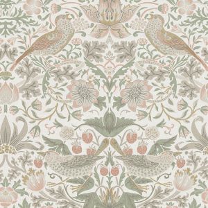 William Morris At Home Strawberry Thief Wallpaper Sage Green / Pink 124233