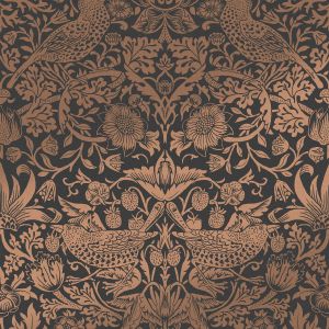William Morris At Home Strawberry Thief Fibrous Wallpaper Charcoal / Copper 124236