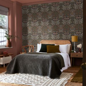 William Morris At Home Blackthorn Floral Wallpaper Charcoal & Burnt Orange 124250