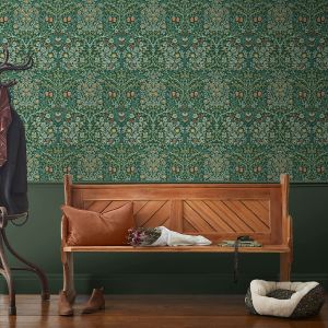 William Morris At Home Blackthorn Floral Wallpaper Deep Green 124252