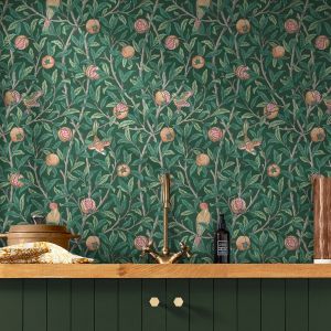 William Morris At Home Bird, Leaf & Pomegranate Wallpaper Deep Green 124260