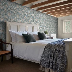 Honeysuckle and Leaf William Morris At Home Wallpaper Teal Blue